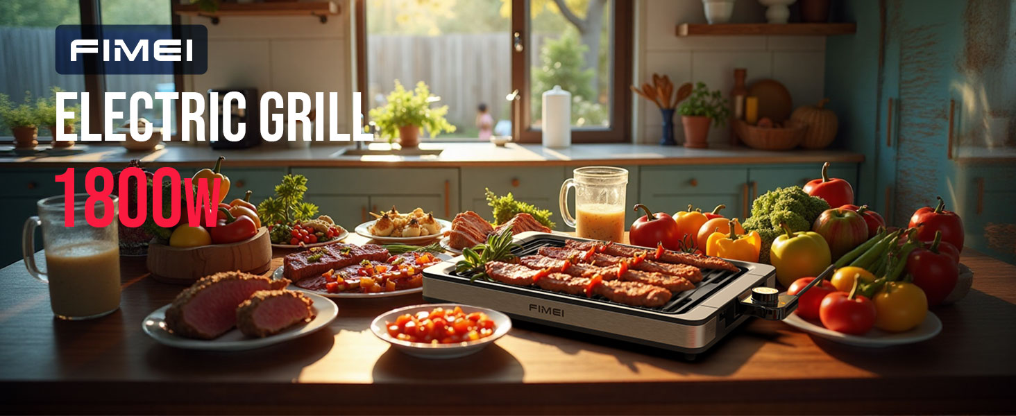 Електричний гриль FIMEI для столу 1800W з антипригарним покриттям, регулюванням температури, для балкону, дому та вулиці, з піддоном для збору жиру (можна мити в посудомийній машині)