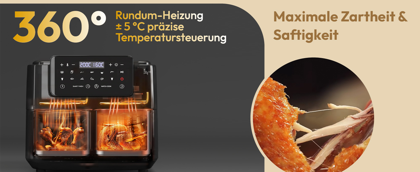 Аерофритюрниця LLIVEKIT 9L з двома камерами (4.5L+4.5L) та вікном перегляду, мультипіч 9-в-1 з сенсорним керуванням та таймером, чорна