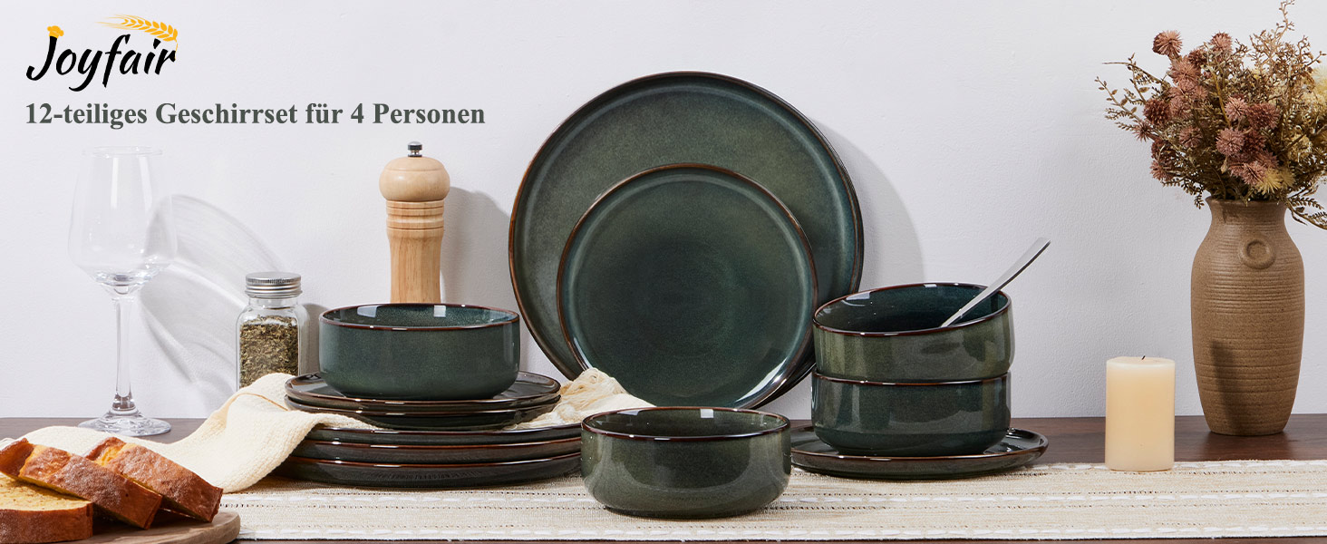 Набір посуду Joyfair на 6 осіб (18 предметів), кераміка, темно-зелений, для мікрохвильовки та посудомийної машини. Елегантний гладкий дизайн.