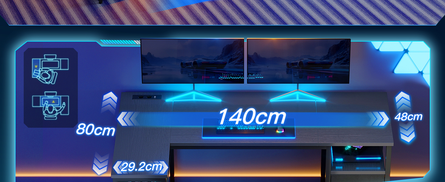 Кутовий письмовий стіл Coleshome з 2 шухлядами та полицею 140x80 см, з розеткою, чорний. Ігровий стіл для дому та офісу