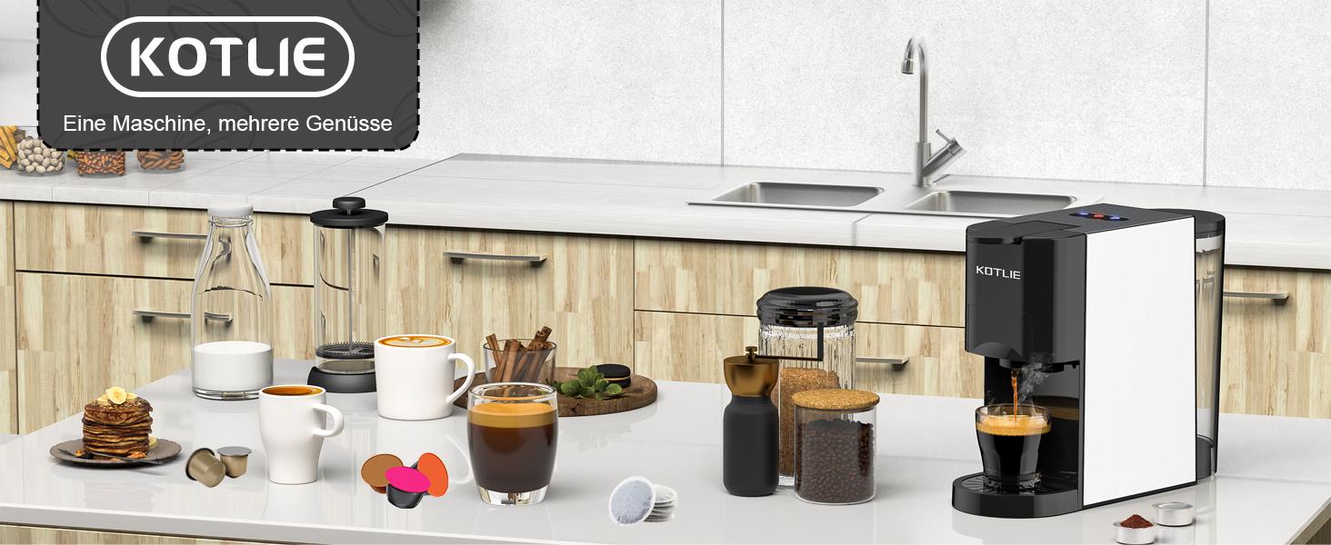 Кавомашина KOTLIE Espresso 4-в-1 для NES/Dolce Gusto/меленої кави/ESE (44мм), 19 Бар, Чорна