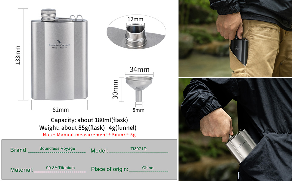 Фляга з титану iBasingo 180мл - Ultraleichter Flachmann для напоїв, Whiskey, Wodka, Weinflasche, Ti3071D (Ti3072d-180ml)