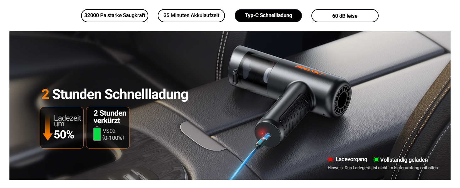Акумуляторний ручний пилосмик SEALIGHT 32000Па, бездротовий автомобільний міні-пилосос 4-в-1 з безщітковим двигуном для шерсті тварин, авто та дому, темно-сірий матовий чорний
