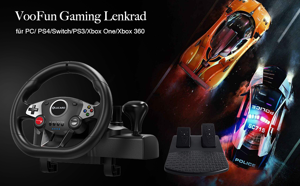 Ігровий кермо VooFun Racing Wheel для PC/PS4/Switch/PS3/Xbox One/Xbox 360 з педалями, 270°, чорний