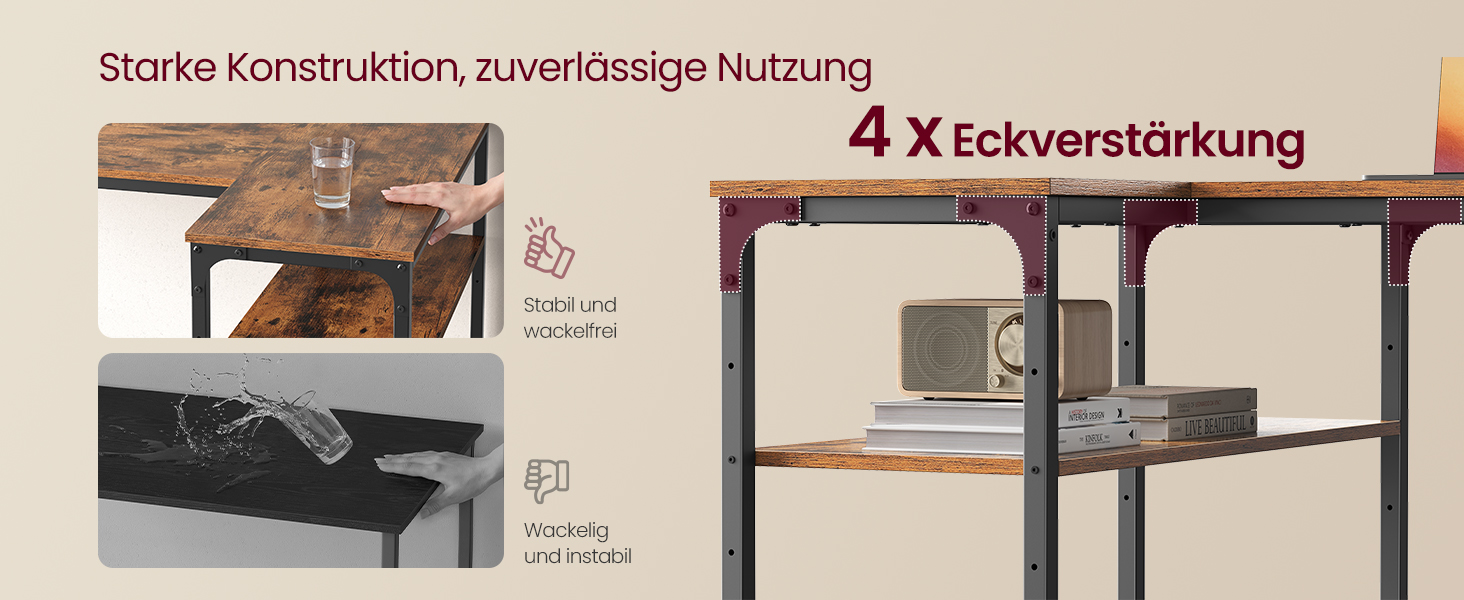 Кутовий стіл VASAGLE L-подібної форми з полицею, для офісу та дому, 110 x 80 см, vintage brown