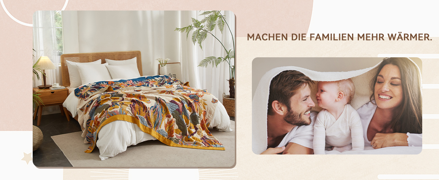 Богемна ковдра Boho Decke 100% бавовна – двостороння муслінова ковдра 150x200 см, м'яка ковдра для дивана та покривало для ліжка, естетичний дизайн, ідеально для вітальні та спальні, помаранчевий/зелений 150 x 200 см, Sommertanz