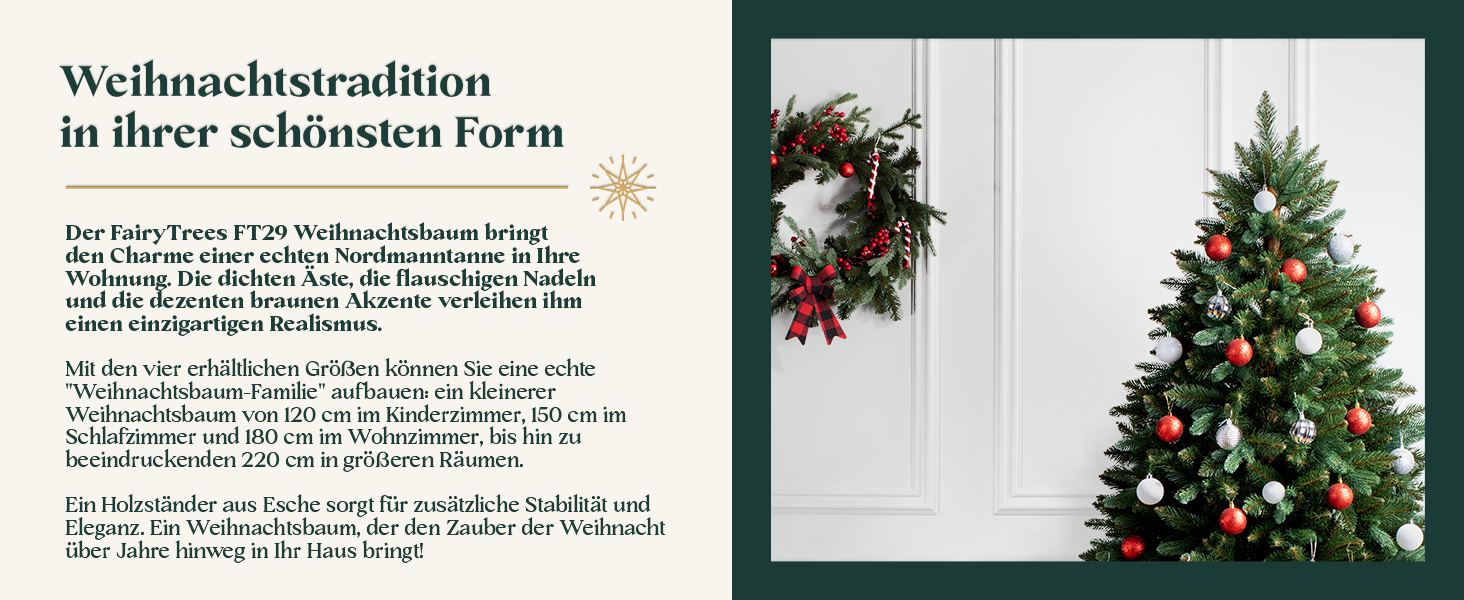 Штучна ялинка FAIRYTREES Nordmann Premium 220 см, білий засніжений сосновий колір, PVC, з натуральними шишками та дерев'яною підставкою