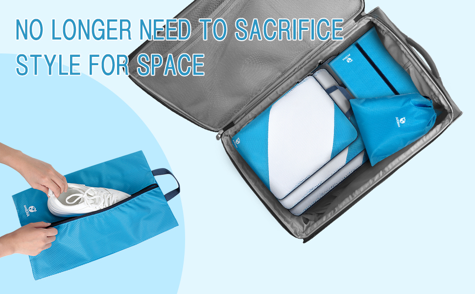 Набір компресійних органайзерів для одягу в подорожі AiQInu, 5 шт. (з мішком для прання та взуття), ультралегкі розширювані пакувальні куби для валізи та ручної поклажі, небесно-блакитний