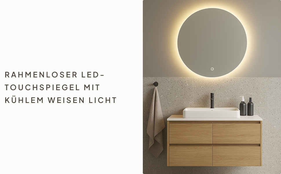 Дзеркало для ванної кімнати SensaHome кругле з LED-підсвічуванням, регульованою яскравістю, 70 см (80x80 см)