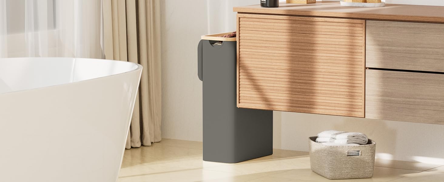 Кошик для білизни Youdenova з кришкою, 48л, вузький, з мішком для білизни, сортувальник, бамбук, білий