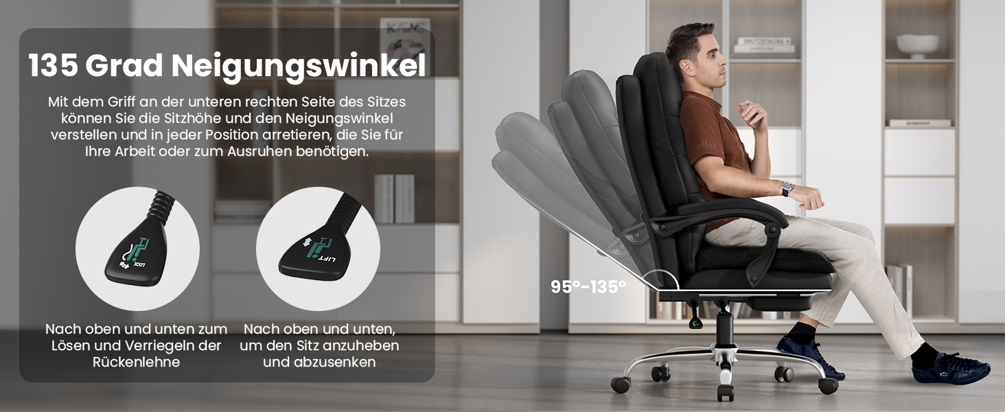 Ергономічне крісло для офісу Naspaluro з підніжкою, крісло для комп'ютера з двошаровою подушкою, високою спинкою, функцією відкидання, регулюванням висоти, з PU-шкіри, чорне, до 150 кг