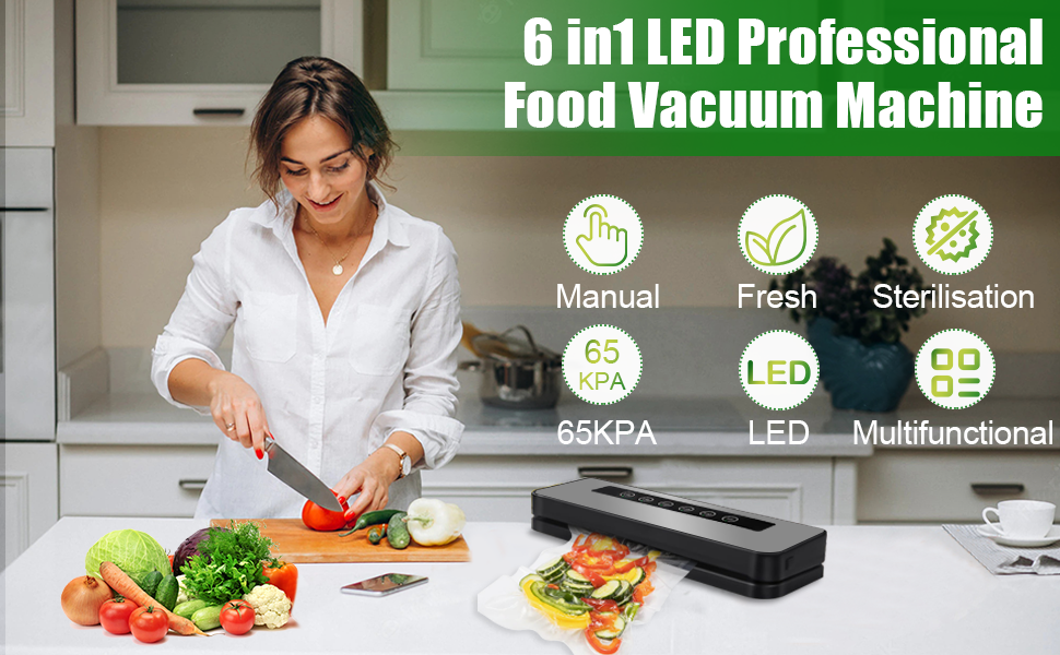 Вакууматор для продуктів 6 в 1, автоматичний вакуумний пакувальник для сухих та вологих продуктів з зовнішнім режимом вакуумування та набором з 20 пакетів