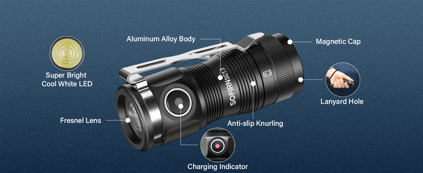 Міні-світлодіодний ліхтар Sofirn SC13, 1300 лм, акумуляторний, IP68, 5 режимів, ультра яскравий, зовнішній, чорний