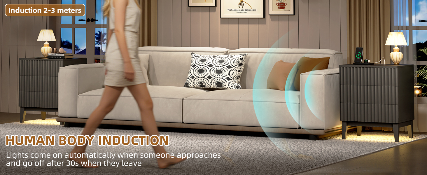 LED тумбочка Gurexl з зарядкою та 3 шухлядами, дерев'яна, з USB та Type-C, з датчиком руху, для спальні, вітальні, офісу, чорна