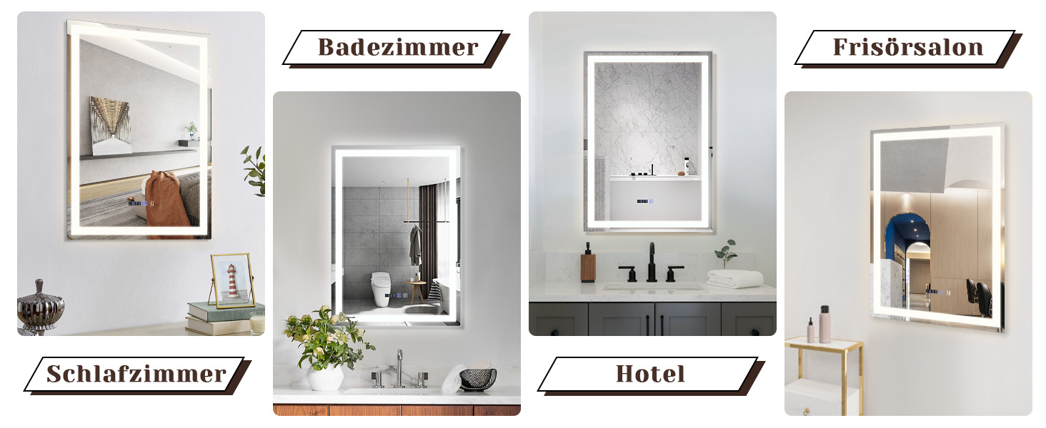 Дзеркало для ванної кімнати Mursche з підсвічуванням LED, 50x70 см, IP44, сенсорний вимикач, годинник, протитуманна функція, регулювання яскравості, 3000K-6500K, прямокутна форма