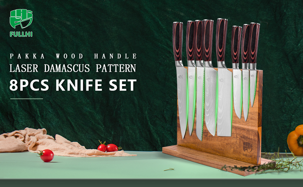 Японський набір ножів Fullhi 15 предметів з магнітним підставкою, з високоякісної сталі, ергономічні ручки, для професійної та домашньої кухні