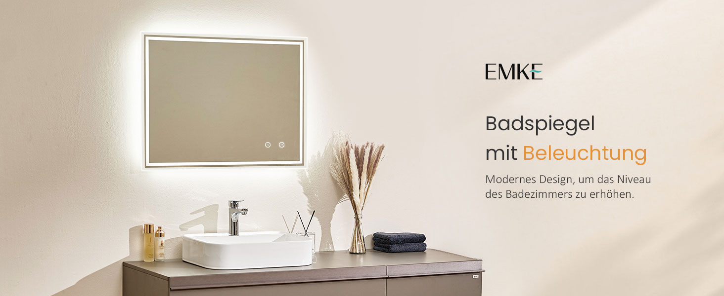 Дзеркало для ванної кімнати EMKE з підсвічуванням 50x60 см, антизапарник, холодний білий, диммер, сенсорне управління, функція пам'яті, автоматичне вимкнення через 3 години, IP44, енергозберігаюче, 60L x 50B см