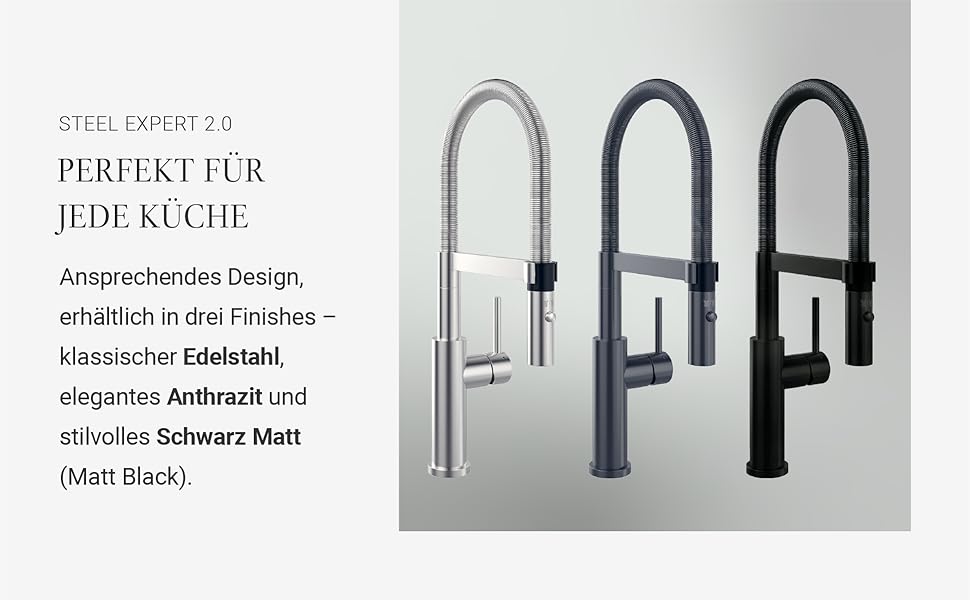 Змішувач кухонний Villeroy & Boch Steel Expert Compact, чорний матовий, з висувним гусаком та перемикачем, висота 170мм