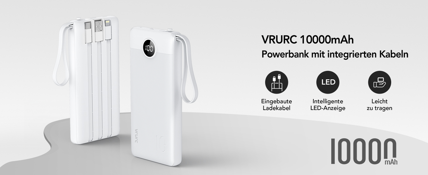 Повербанк VRURC 10000mAh з кабелем, 5 виходів, 2 входи, LED дисплей, USB C, білий, для смартфонів