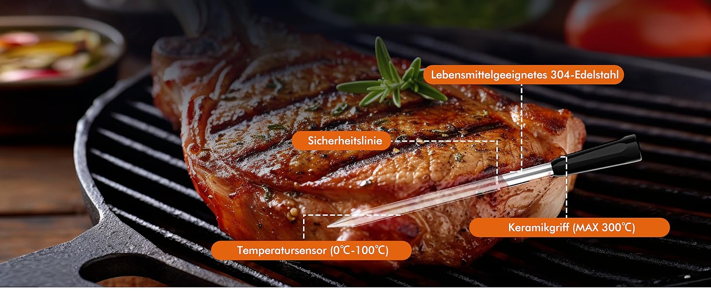 Термометр для м'яса з дистанційним моніторингом 130 м, для гриля, духовки, коптильні та кухні, термометр для гриля, IPX7 водонепроникний, відстеження температури в реальному часі, сумісний з iOS/Android, сріблясто-сірий