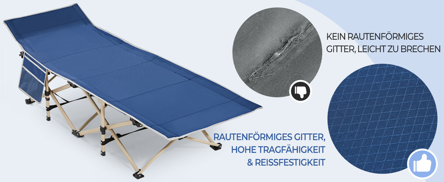 Розкладне кемпінгове ліжко Yaheetech для відпочинку та риболовлі, темно-синє, витримує до 150 кг, з кишенею та сумкою для транспортування