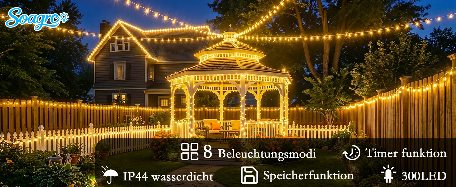 Світлодіодна гірлянда для вулиці 25м (300 LED), теплий білий колір, IP44 водонепроникна, з пультом, таймером та 8 режимами освітлення, зелений кабель