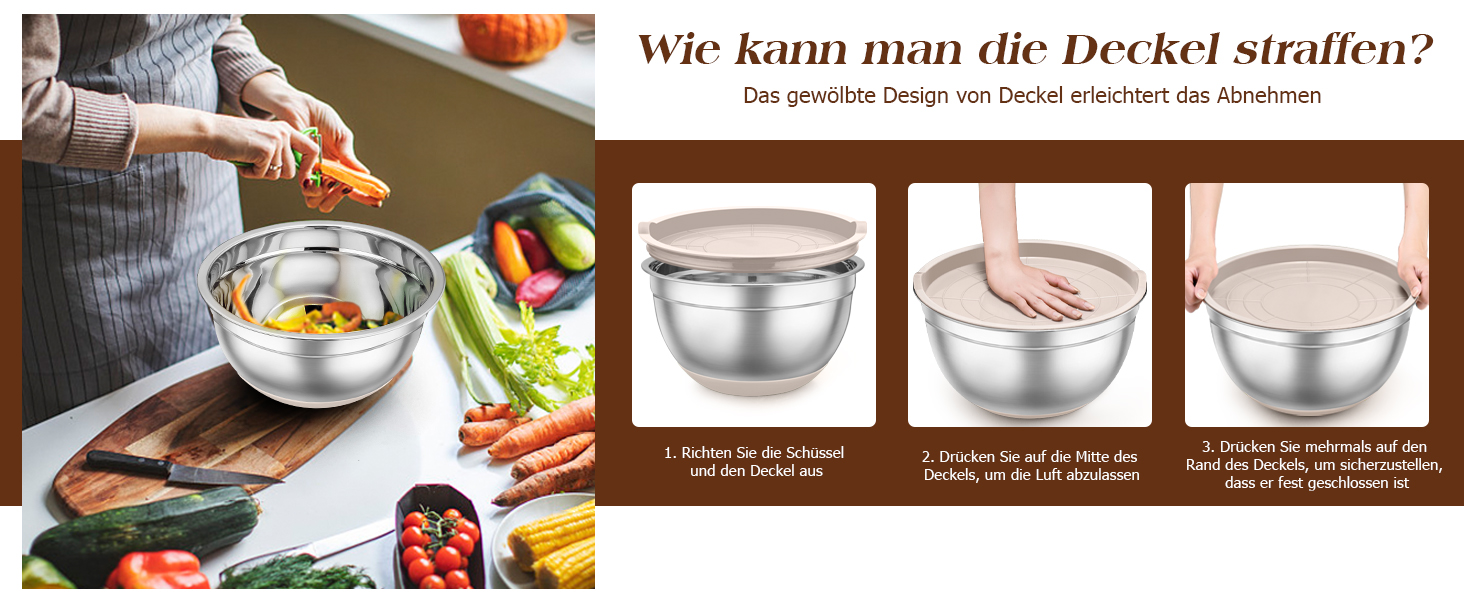 Набір місок TEAMFAR з нержавіючої сталі: салатові міски з кришкою та силіконовим дном, 0.7-6.5 л, (Хакі, 2)