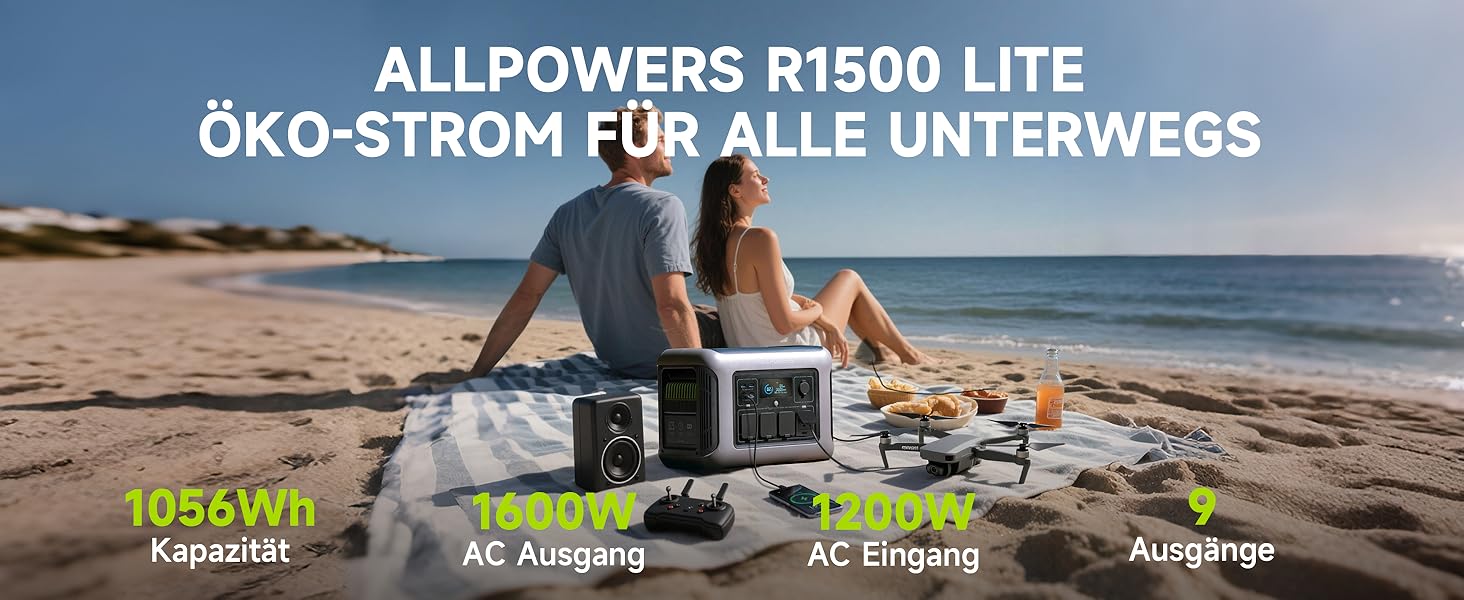 Powerstation ALLPOWERS R1500 Lite: портативна електростанція 1056Wh LFP, 4x 1600W AC, сонячна панель, швидка зарядка, резервне живлення для кемпінгу, RV, невідключеності