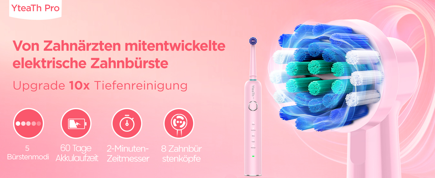 Електрична зубна щітка ротаційного типу для дорослих та дітей з 8 насадок, зарядний пристрій з підставкою на стіну, 5 режимів чищення та дорожній футляр, 60 днів роботи від акумулятора (рожевий)