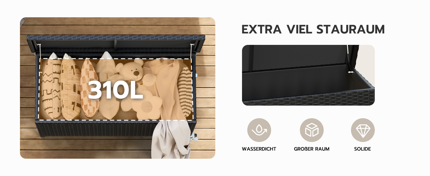 Водонепроникний садовий ящик Amopatio Gartenbox 480л з поліротангу, металевий ящик для подушок на колесах з газліфтом для саду та балкону (чорний)