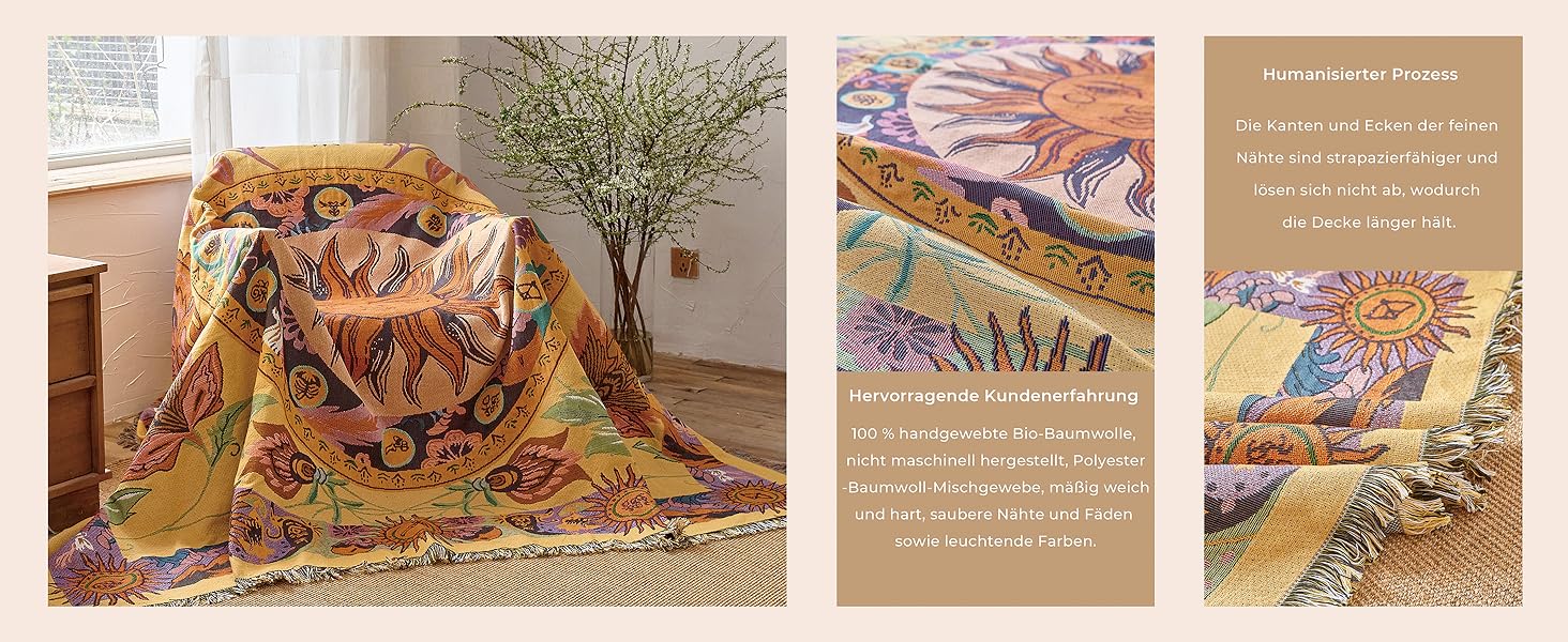 Покривало на диван HOORDRY бахрома 130x180 см, декоративне бавовняне, бохо, двостороннє, з квітковим малюнком