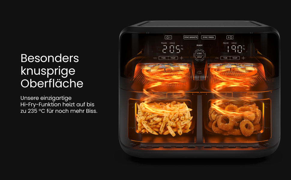 Фритюрниця повітряна CHEFMAN з подвійним кошиком 5.6L, цифрове управління, чорна