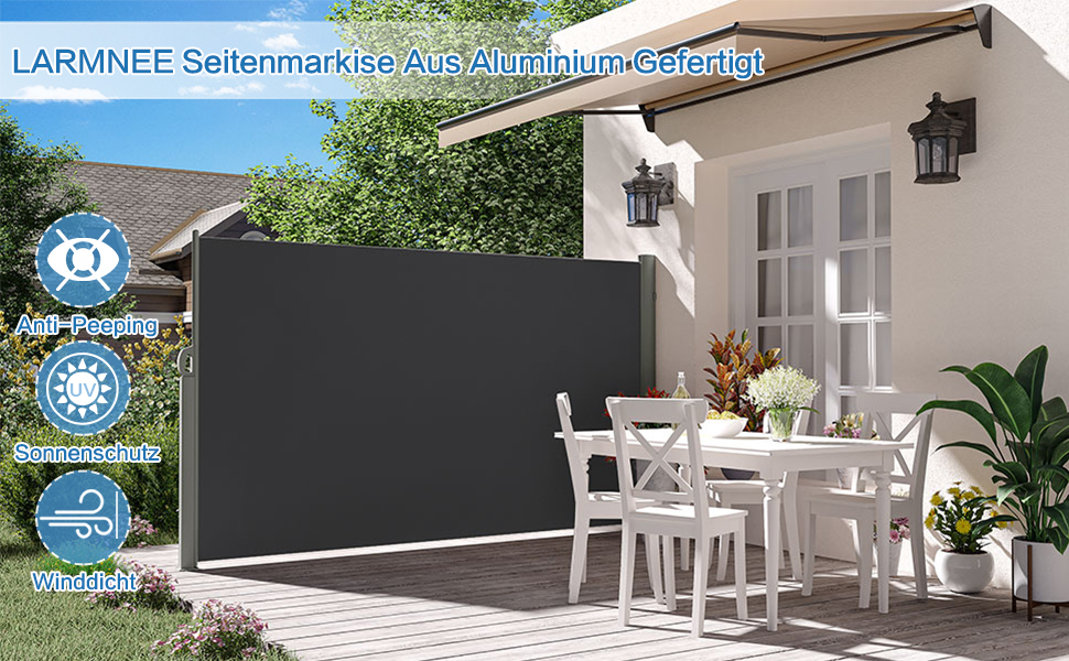 Бічна маркіза LARMNEE 190x500 см антрацит, висувна, захист від сонця та сторонніх поглядів, рулонна штора для балкона, тераси, саду