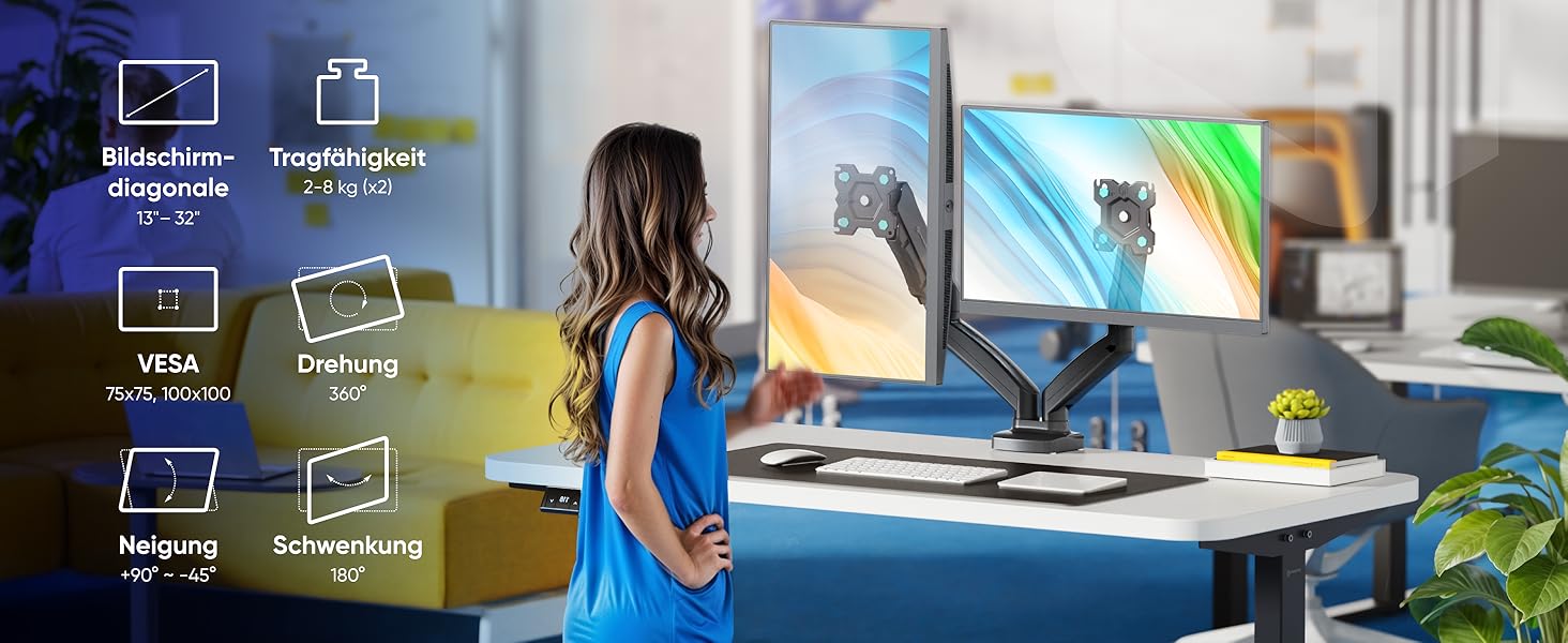 Кріплення для монітора ONKRON G160-W (2 монітори) - газ. підйомник, VESA 75x75-100x100, для моніторів 13-32