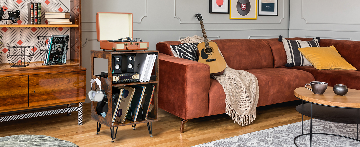 Підставка для програвача вінтажна, приставний столик, полиця для програвача з місцем для зберігання, дерев'яний стіл для програвача, утримує 160 альбомів, для вітальні, спальні, офісу