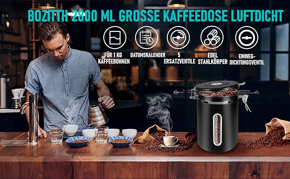 Контейнер для кави 1 кг з нержавіючої сталі з герметичним клапаном, вікном та мірною ложкою