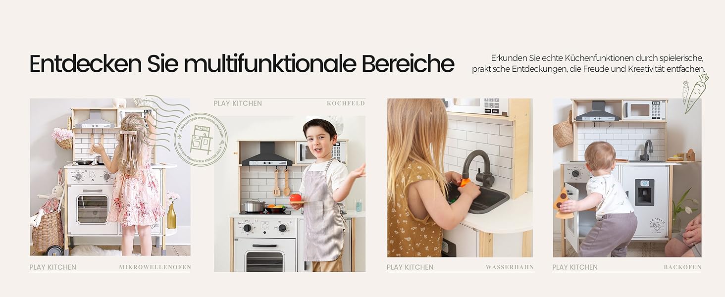 Дерев'яна дитяча кухня Tiny Land з аксесуарами: 18 предметів посуду та їжі. Іграшковий кухонний набір для дітей з підсвіткою та звуками.