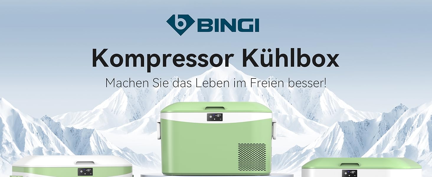 BINGI Kompressor Кулер-холодильник для автомобіля 12/24V, 230V AC. Міні-морозильник для авто, кемпінгу, дому. Об'єм 12.8 л, зелений. Діапазон температур: 15°C - -18°C