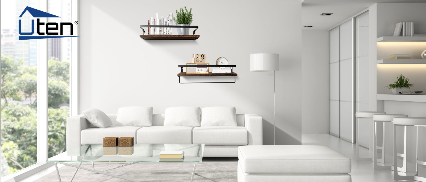 Набір навісних дерев'яних полиць Uten у рустикальному стилі з тримачем для рушників, 2 шт., світло-коричневий (ретро-кава) для ванної, кухні, вітальні та спальні