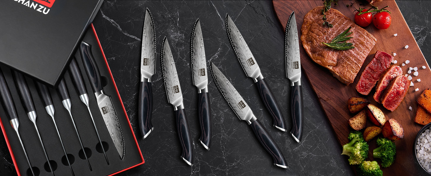 Японський ніж для кухні SHAN ZU з порошкової сталі, професійний ніж шеф-кухаря з високим вмістом вуглецю, з ергономічною ручкою з паккавуда (набір з 6 ножів для стейку, 11.5 см)