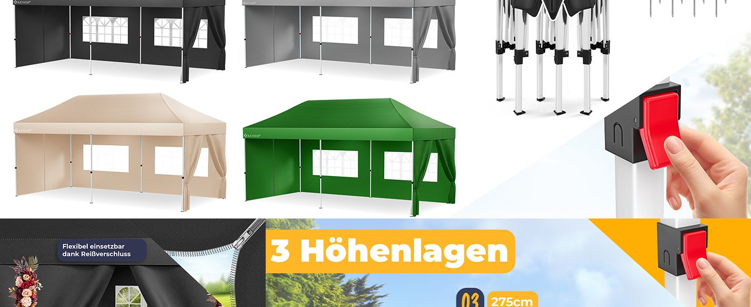 Павільйон KESSER® 6x3м з 6 знімними стінками, для саду, регульована висота, водовідштовхувальний, з сумкою, анкери, Pop-Up система, захист від UV 50+, для вечірок, антрацитовий колір