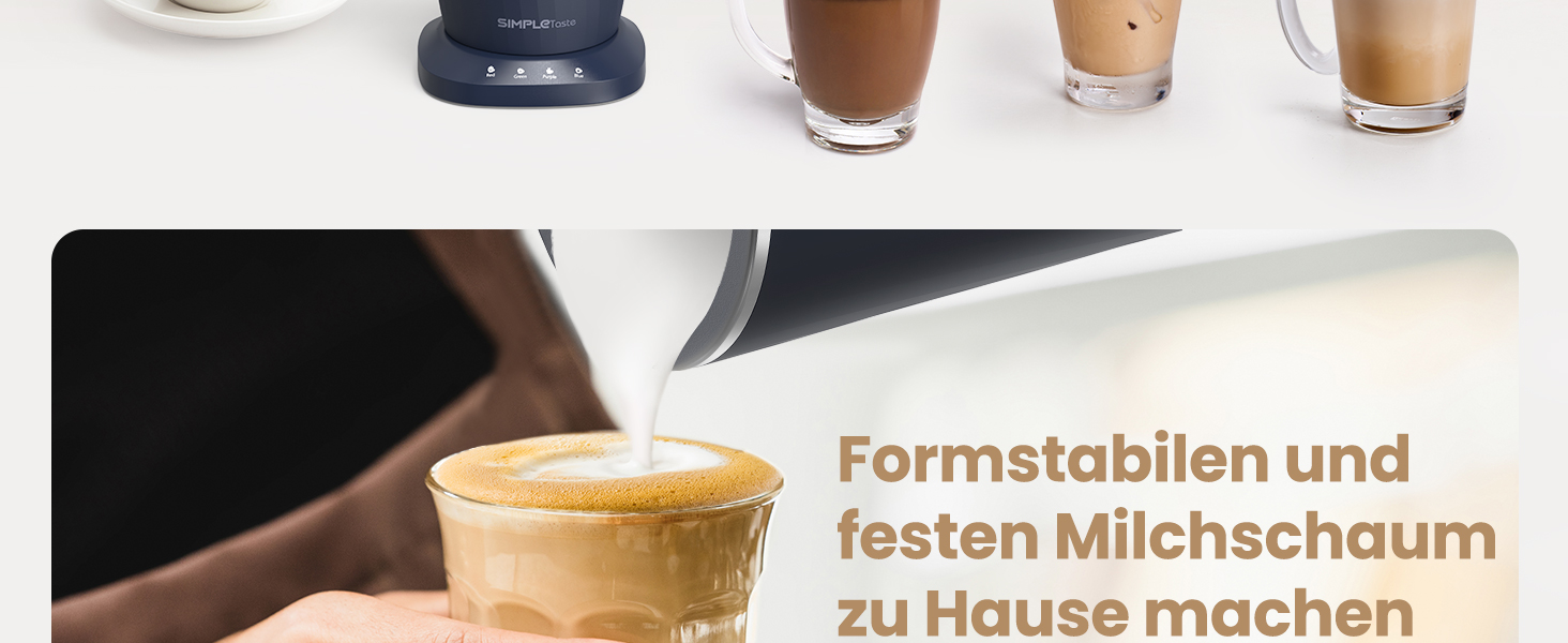 Електричний спінювач молока SIMPLETASTE 4-в-1: гарячий та холодний спінений молочний напій, підігрів молока, приготування какао, антипригарне покриття, автоматичне вимкнення, тиха робота, без BPA, для капучино та лате, темно-синій, з додатковою насадкою