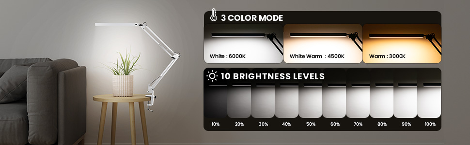 Світлодіодна настільна лампа з затискачем, затискна лампа з гусячою шиєю 14 Вт, Робоча лампа для архітекторів 1100 лм 5 кольорів X 10 рівнів яскравості з регульованою яскравістю, затискна лампа для захисту очей, Офісна настільна лампа, чорний (поворотний кронштейн білий)