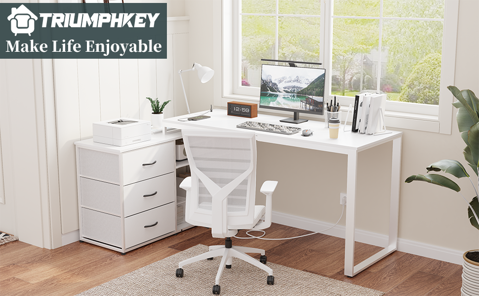 Кутовий стіл TRIUMPHKEY з 3 висувними ящиками та місцем для зберігання, 140 x 105 x 75 см. Білий. 2 USB-порти та 2 розетки. Реверсивний.