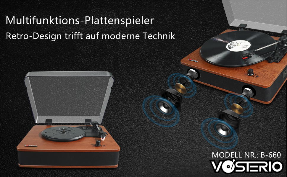 Програвач вінілу VOSTERIO з Bluetooth, Hi-Fi стереодинаміками, ретро дизайн, 3 швидкості, FM-радіо, USB, TF, Aux-In, RCA, LED-дисплей, функція перетворення вініл-у-MP3