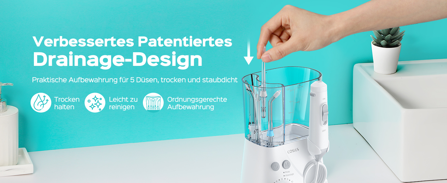 COSLUS Електрична іригатор для порожнини рота з 2 режимами та 12 рівнями тиску – 600 мл резервуар для води. Підходить для сімей, ентузіастів орального здоров'я та пацієнтів з ортодонтичними конструкціями. 5 насадок, чорно-білий колір.