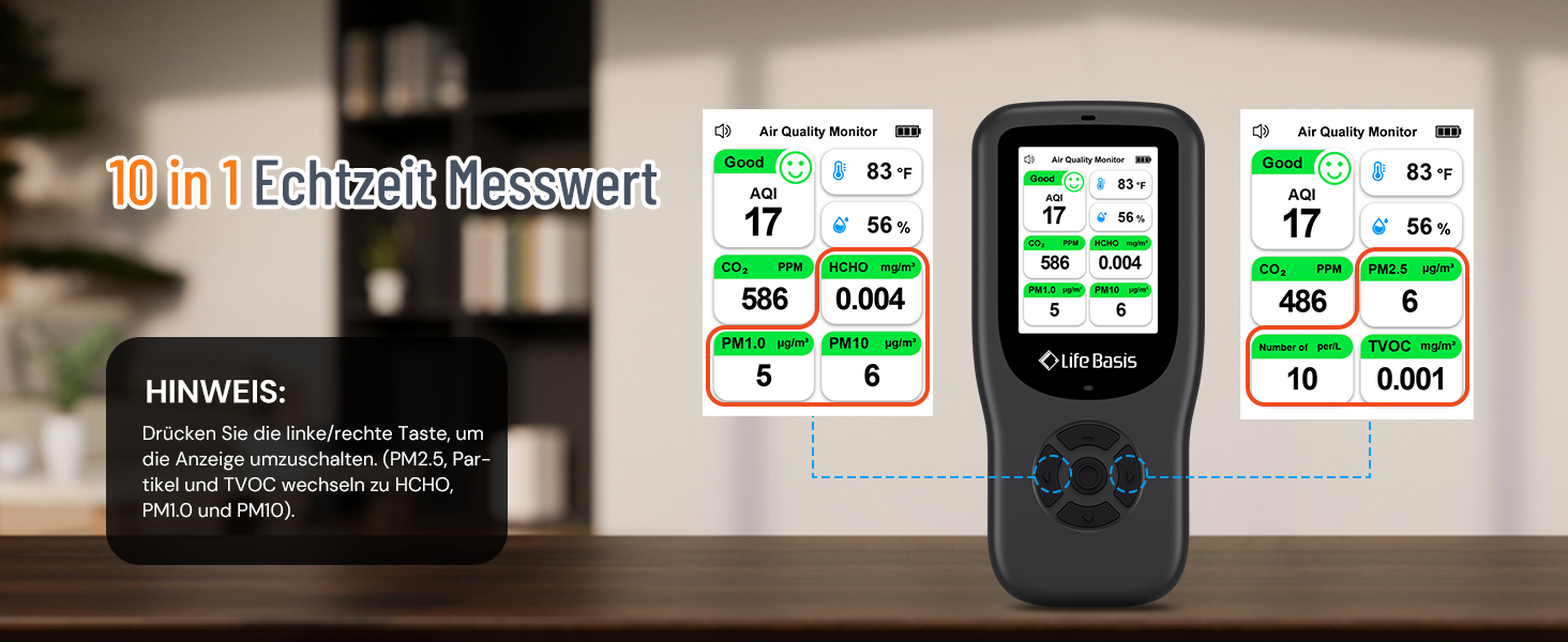 Детектор якості повітря LifeBasis 10 в 1: формальдегід, AQI, PM2.5/PM10, HCHO, TVOC, CO2, температура, вологість. USB зарядка для дому та офісу