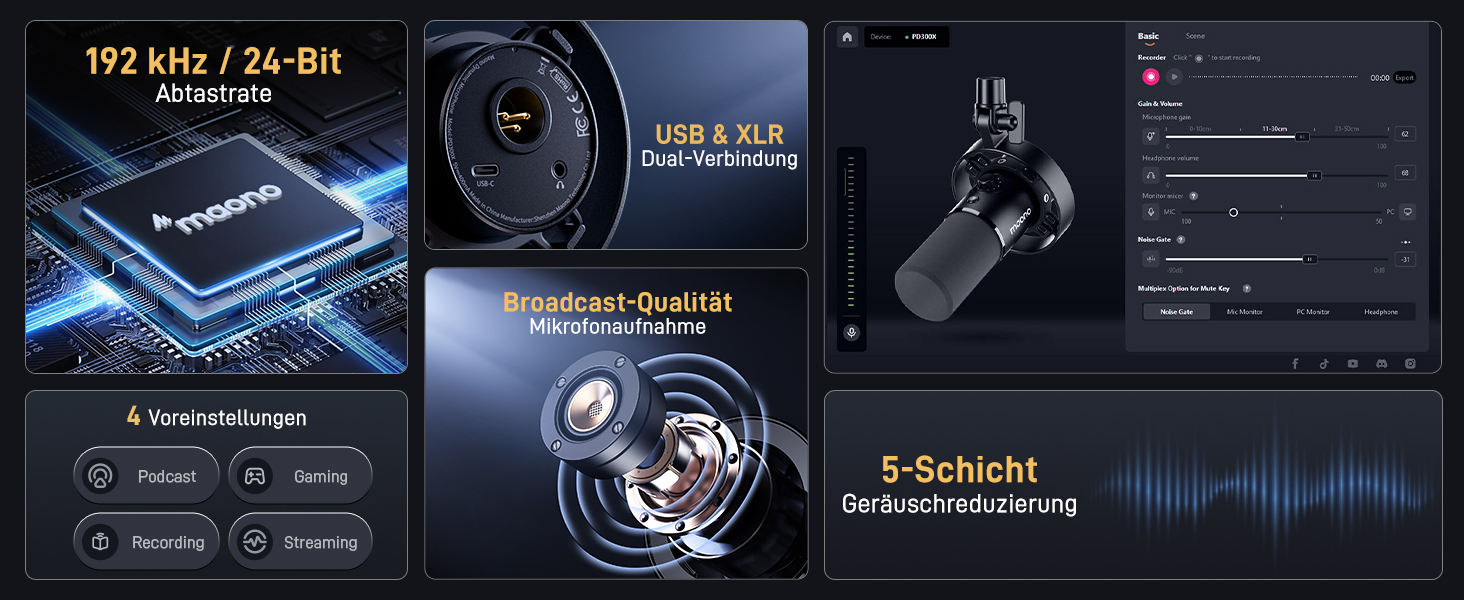 MAONO PD300X подкаст-мікрофон XLR/USB з шумозаглушенням, 192kHz/24Bit Hi-Fi аудіо, кнопка вимкнення звуку, програмне забезпечення для подкастингу, стрімінгу та студійного запису