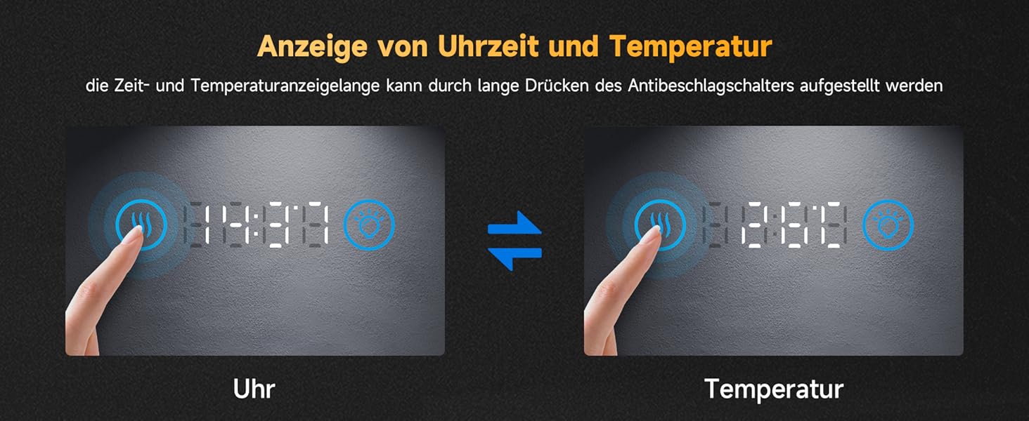 Дзеркало для ванної кімнати SONNI з підсвічуванням 80x60 см, 3 кольори світла, проти запотівання, LED, сенсорне керування, годинник, температура, 3-кратне збільшення