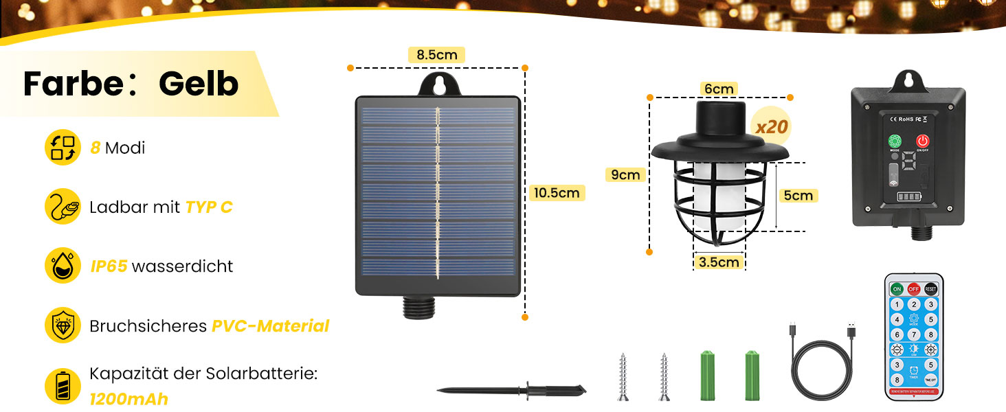 Ліхтарі на відкритому повітрі, 20 лампочок, 7.7 м, пульт дистанційного керування, таймер, стійкий до погодних умов, ретро/великий